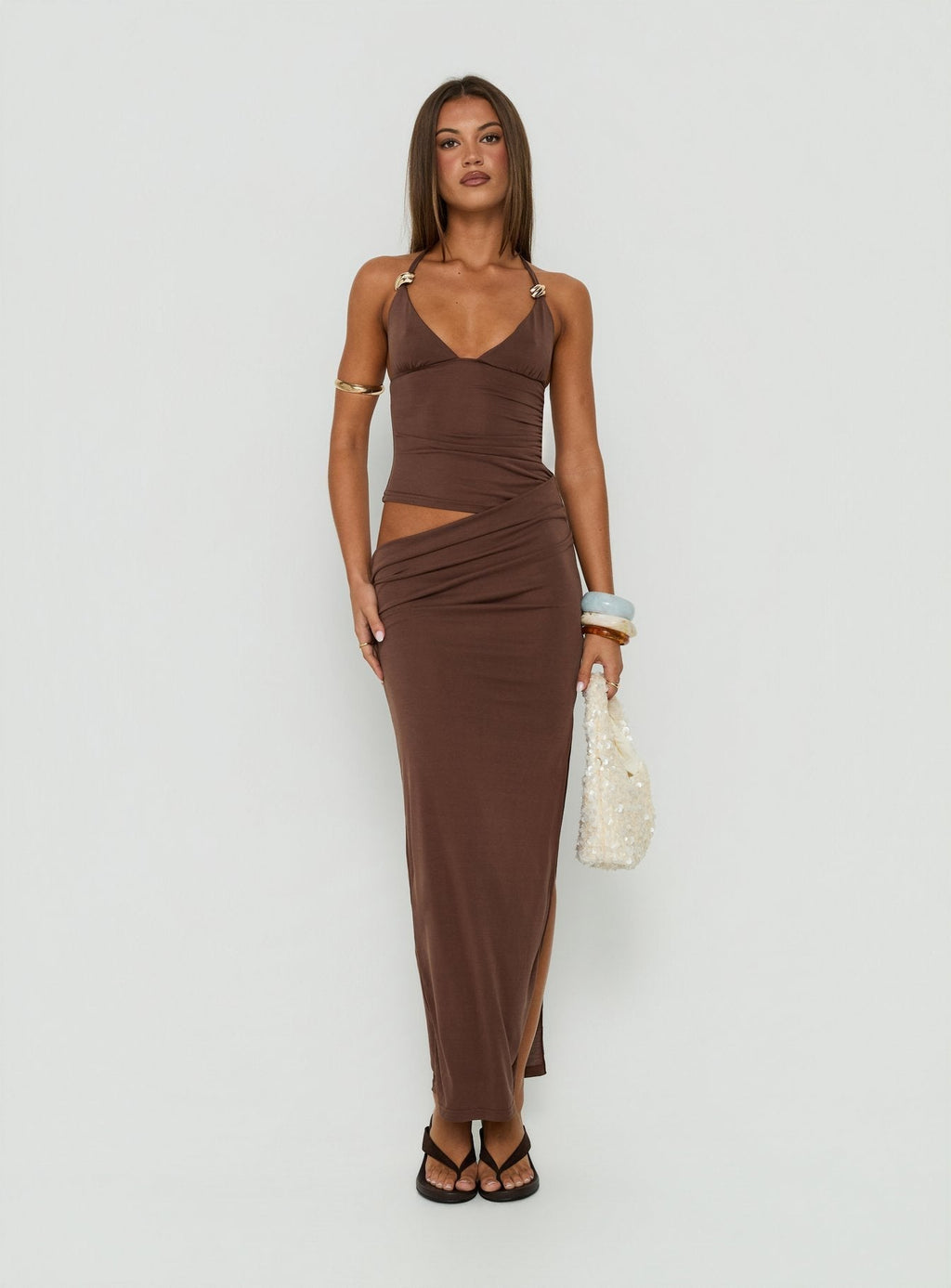 Imeraldia Hardware Halter Maxi Dress Chocolate
