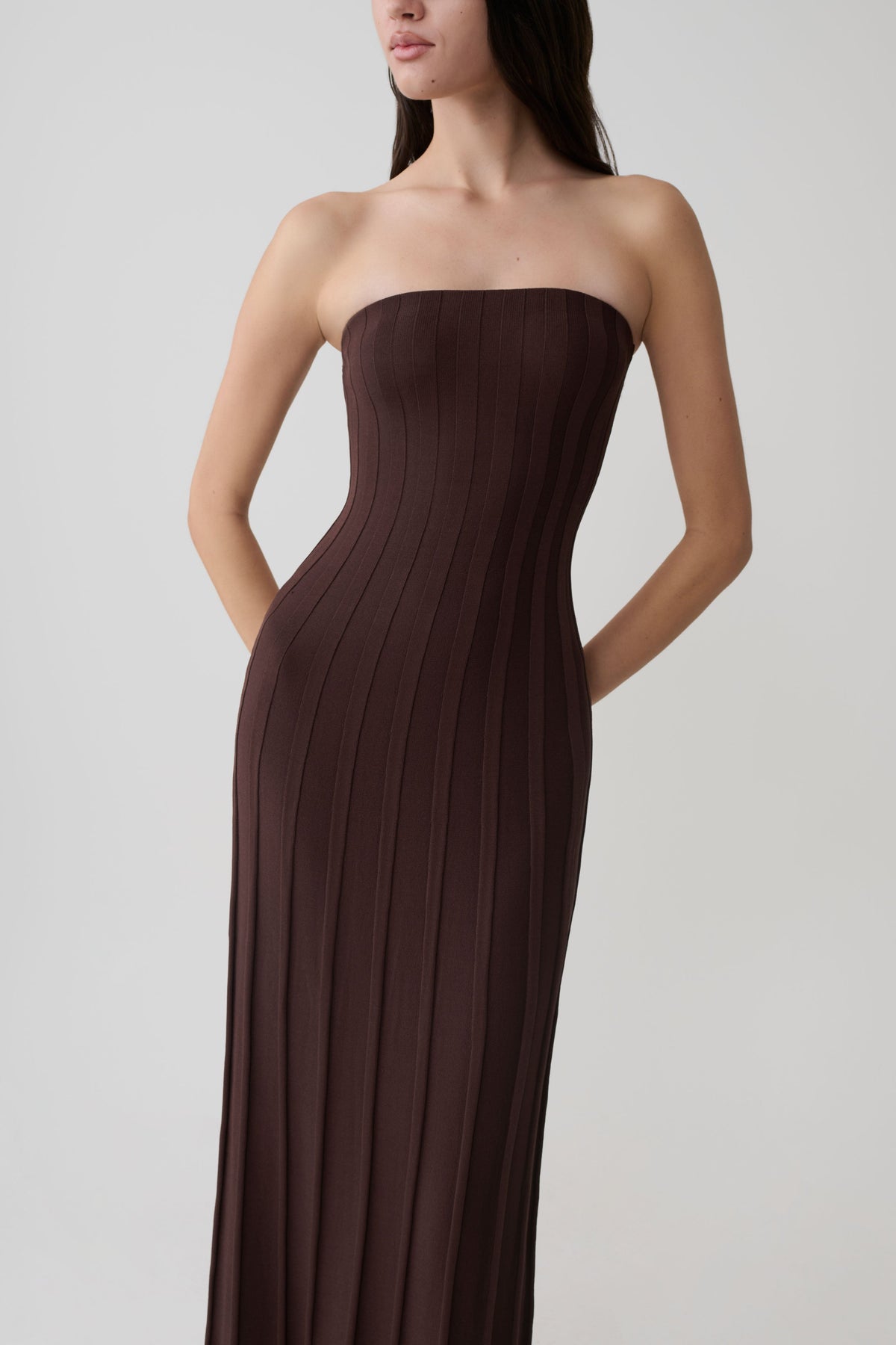 Pia Ribbed Strapless Maxi Dress - Chocolate