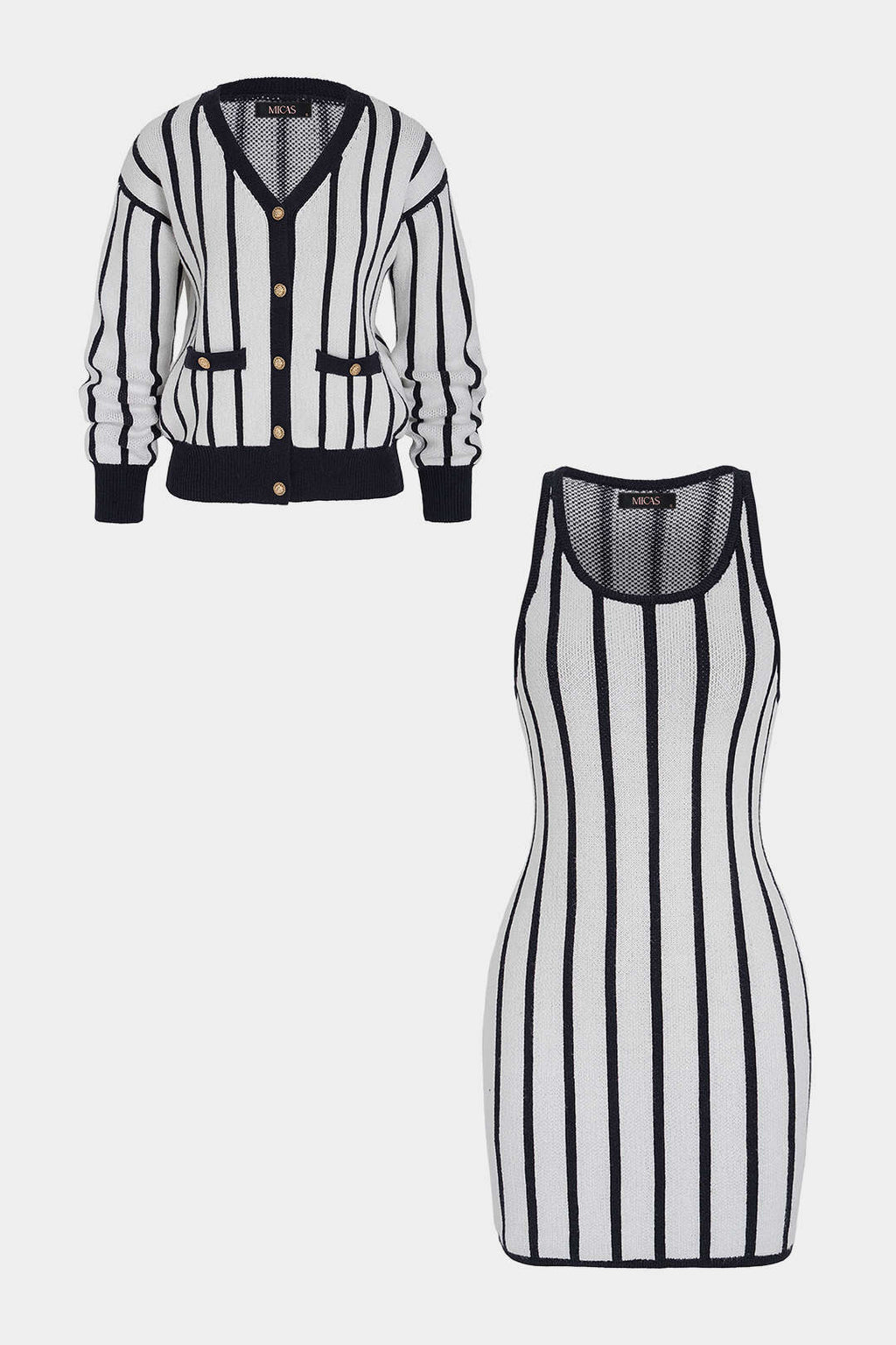 Knit Stripes Print V-Neck Long Sleeve Cardigan And Round Neck Sleeveless Mini Dress Set