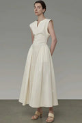 Classy V Neck Ruffle Detail Pocket Trim Sleeveless Maxi Dress - Apricot