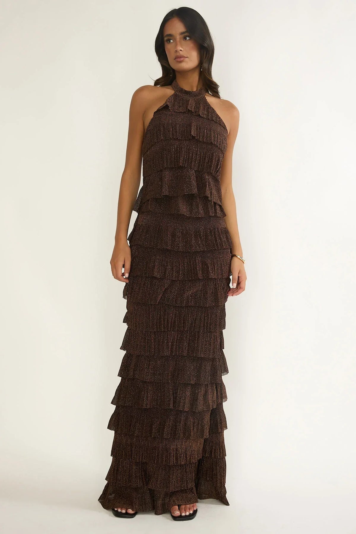 Kaelia Tiered Halter Maxi Dress Sparkle Brown