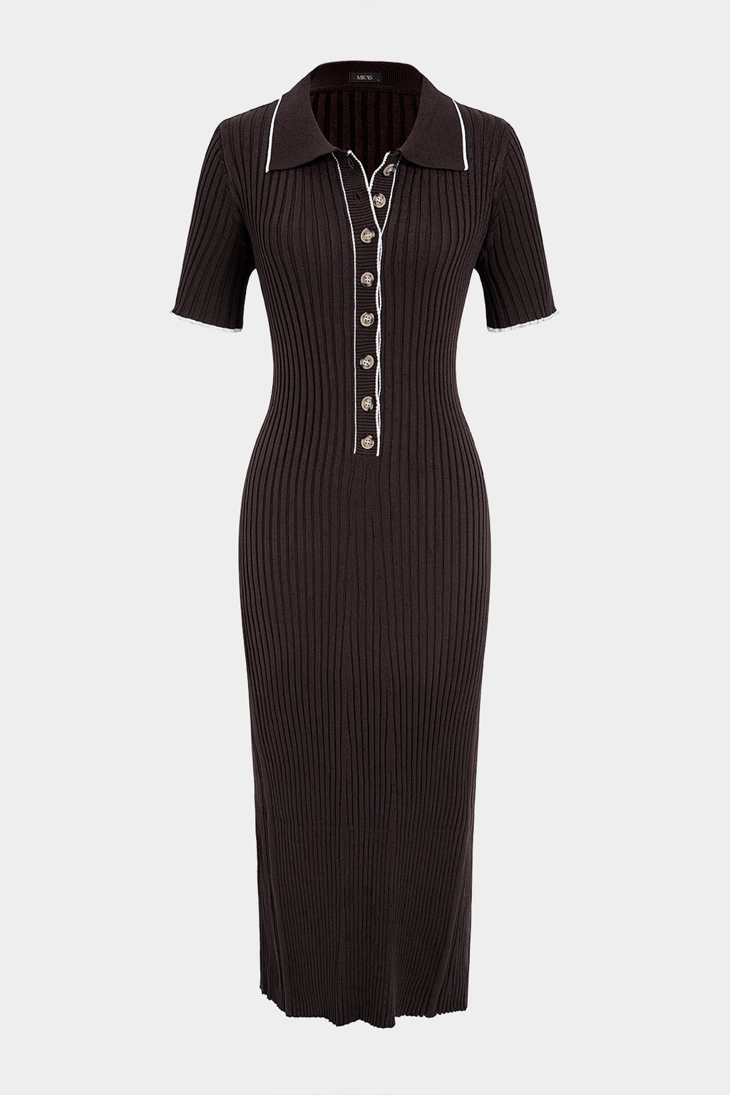 Knit Conrast Trim Button Ribbed Short Sleeve Maxi Dress