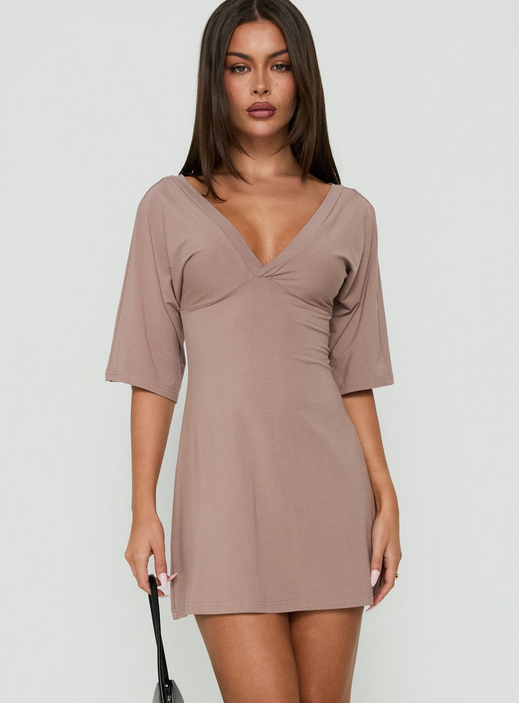 Reyya 3/4 Sleeve V Neck Mini Dress Taupe