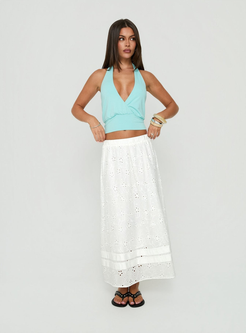 Isolie Tiered Maxi Skirt White Anglaise