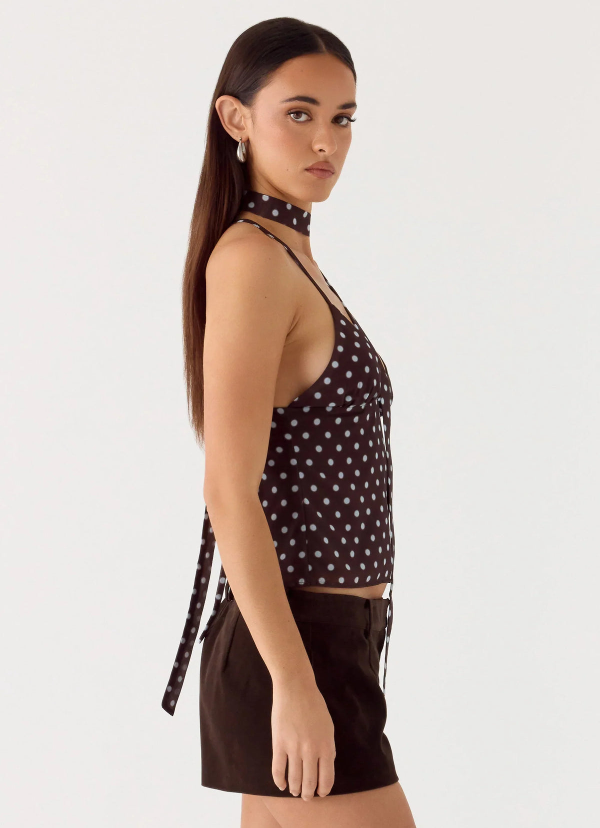 Quiero Backless Top - Chocolate Blue Dot