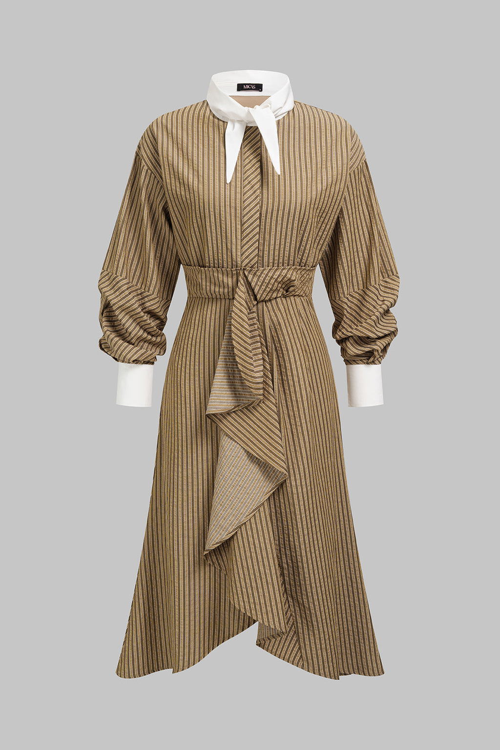 Contrast Stripes Print Asymmetrical Ruched Long Sleeve Midi Dress