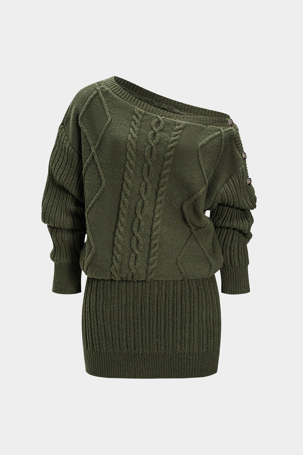 Knit One Shoulder Asymmetrical Metallic Button Long Sleeve Mini Dress
