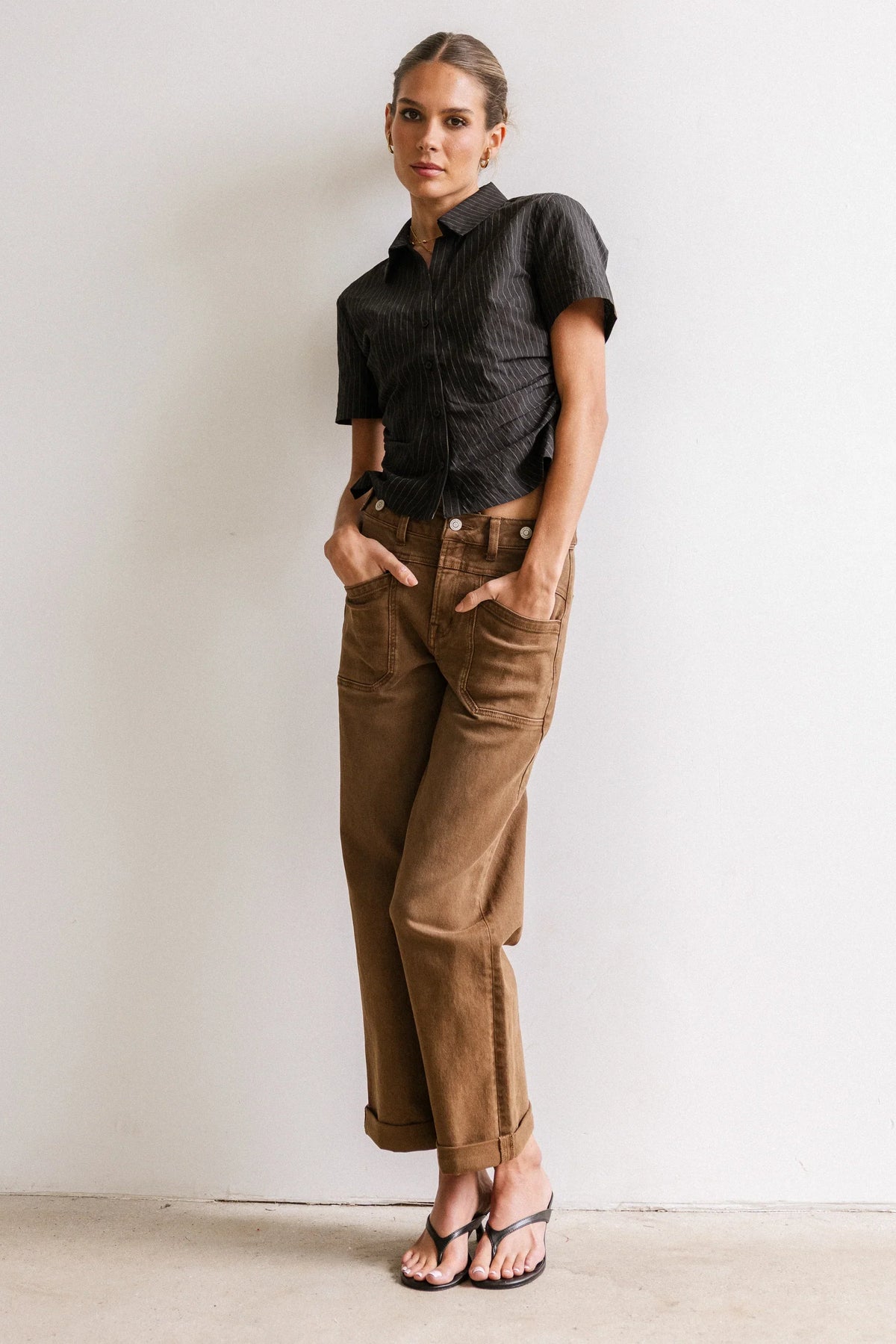 Brandy Ruched Button Up in Black