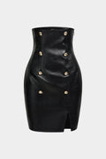 Faux Leather Button High Waist Skirt
