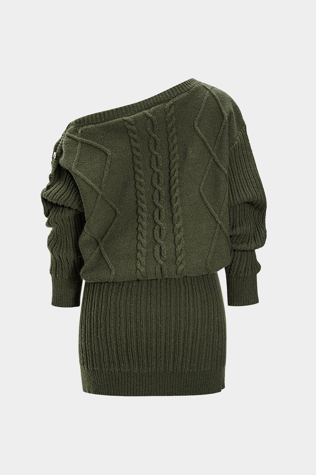 Knit One Shoulder Asymmetrical Metallic Button Long Sleeve Mini Dress