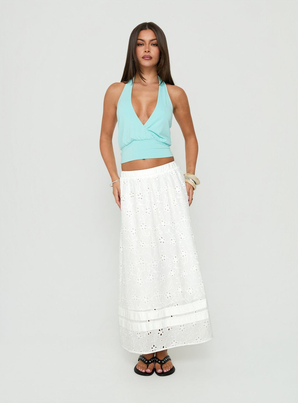 Isolie Tiered Maxi Skirt White Anglaise