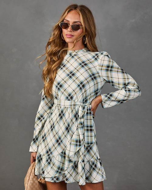 Afternoon Calling Plaid Waist Tie Mini Dress