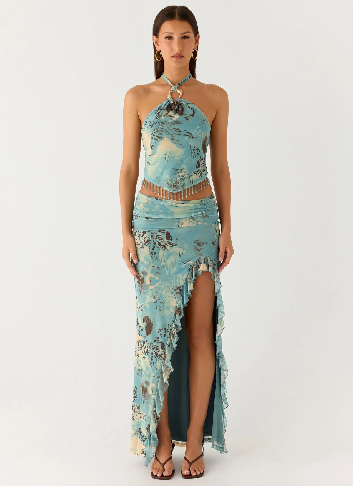 Lloyd Beaded Halter Top - Aqua Blur
