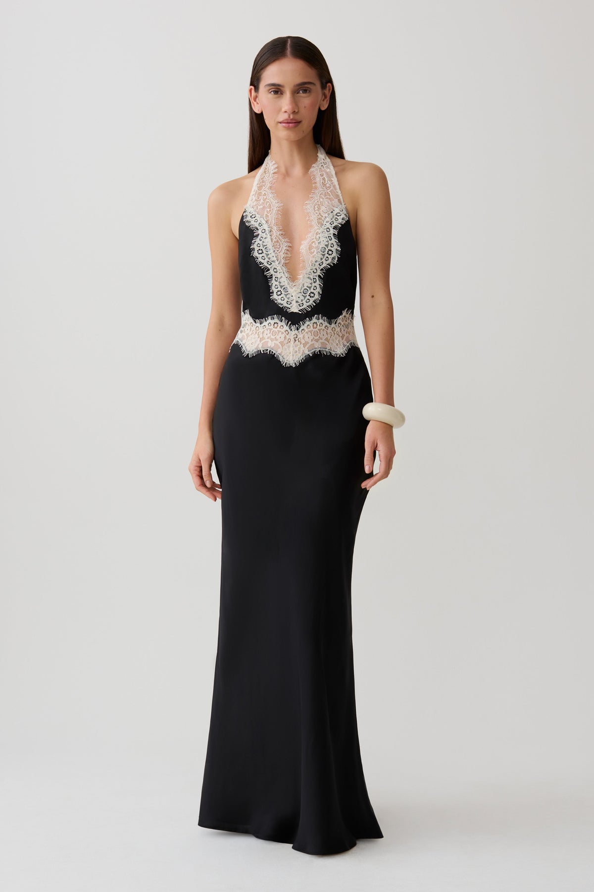 Louise Satin And Lace Maxi Dress - Black/Ivory
