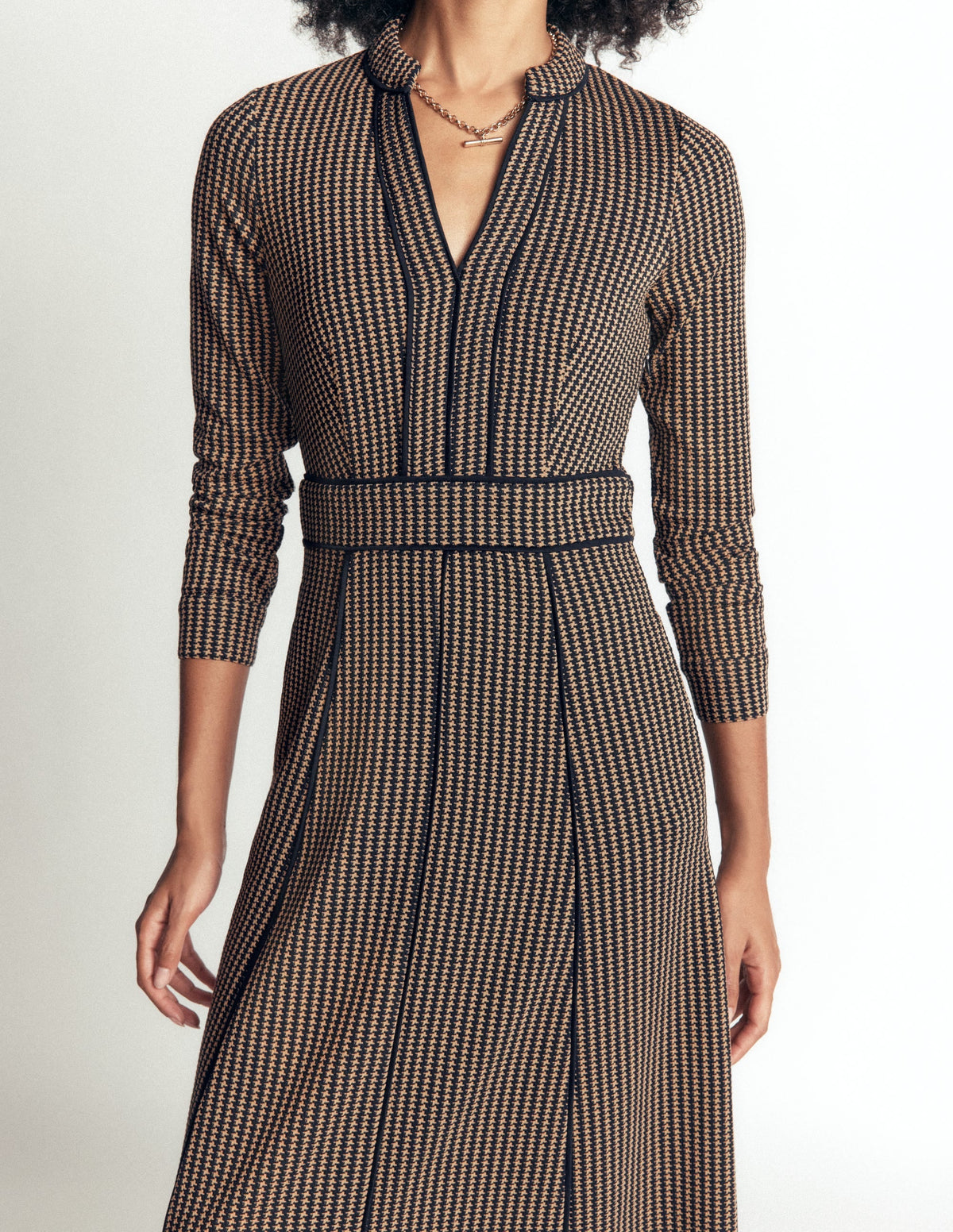 Alex Ponte Contrast Midi Dress-Navy/Camel Texture