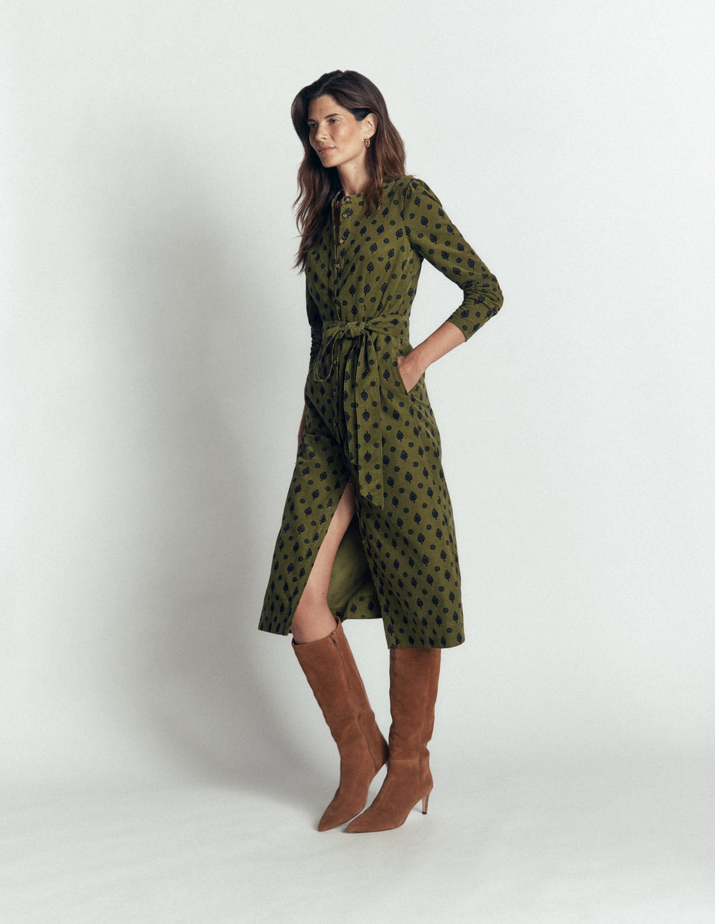 Louise Cord Midi Shirt Dress-Olive, Ornate Gardenia Stamp
