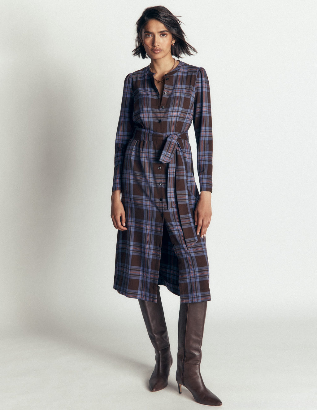 Louise Check Midi Shirt Dress-Brown, Blue and Pink Check