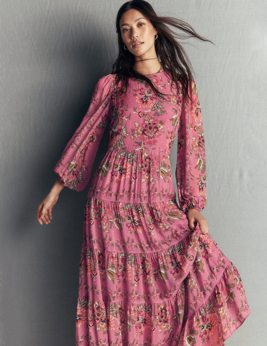 Multi Tiered Maxi Dress-Pink Heather, Frosted Flora