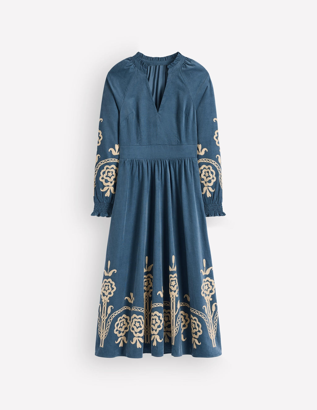 Smocked Cord Midi Dress-Storm Blue, Embroidery