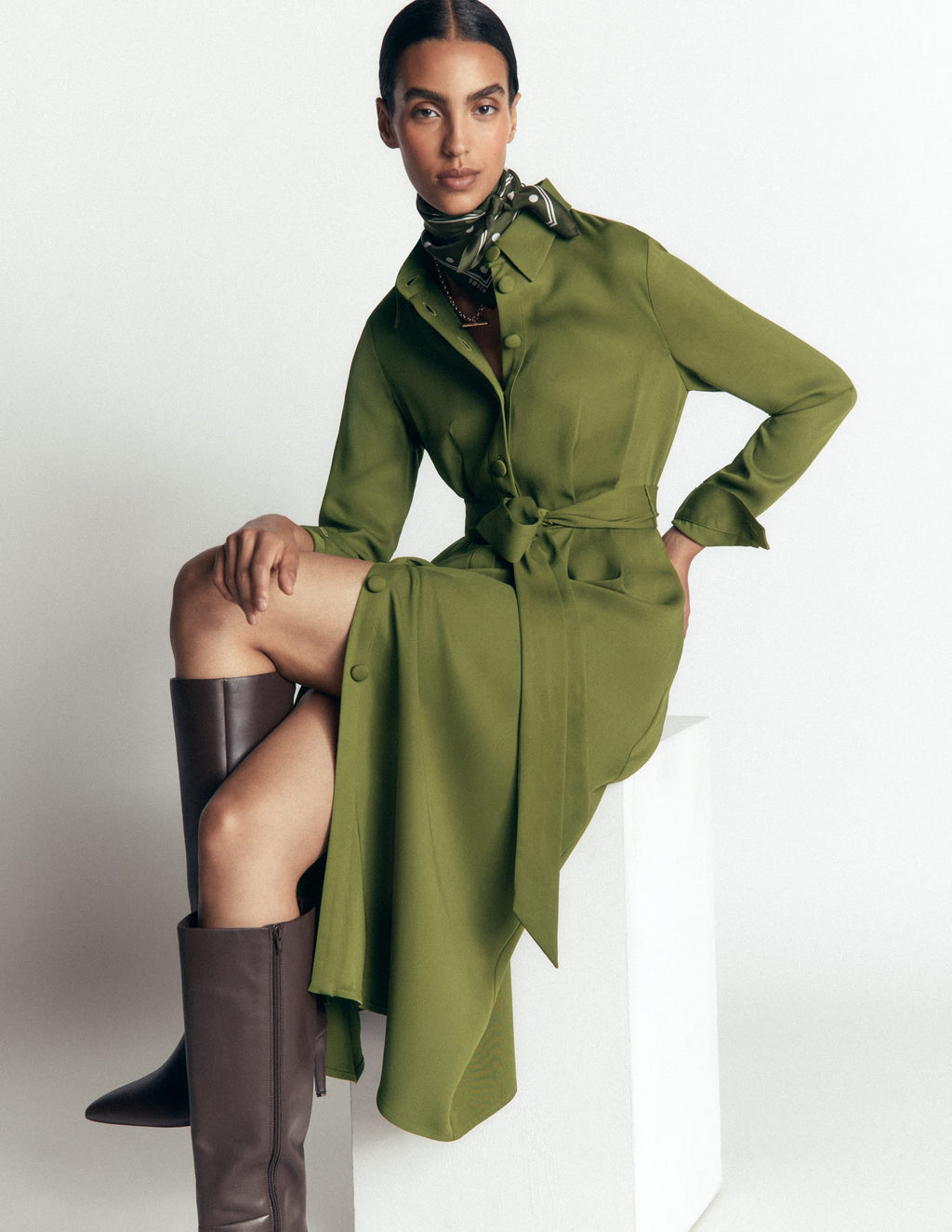 Kate Pleated Shirt Dress-Forest Green
