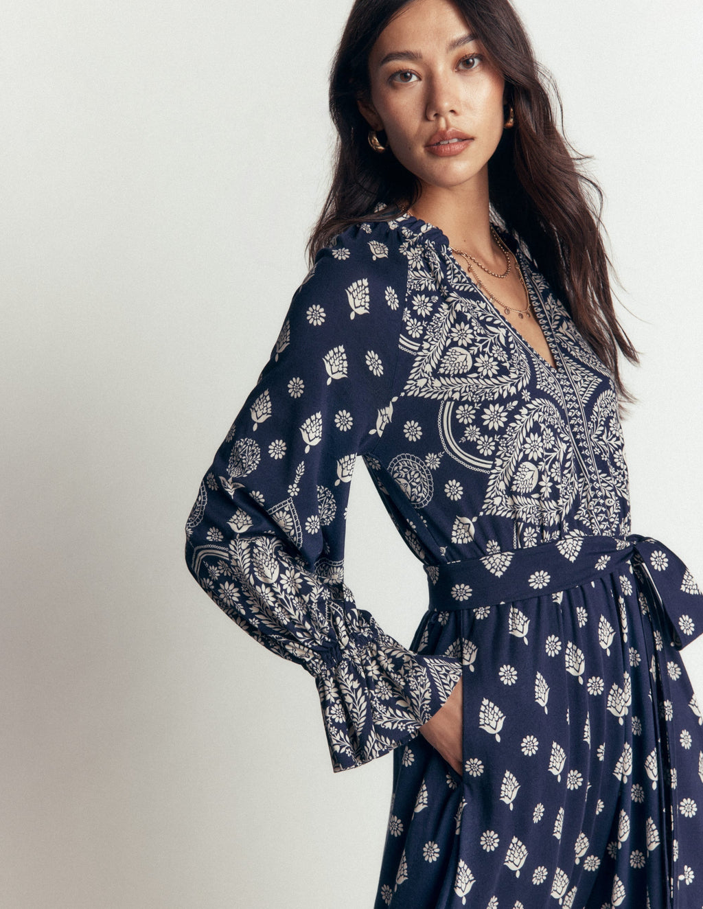 Blouson Tiered Jersey Dress-French Navy, Ornate Gardenia