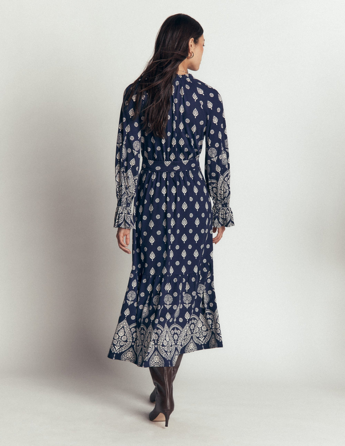 Blouson Tiered Jersey Dress-French Navy, Ornate Gardenia