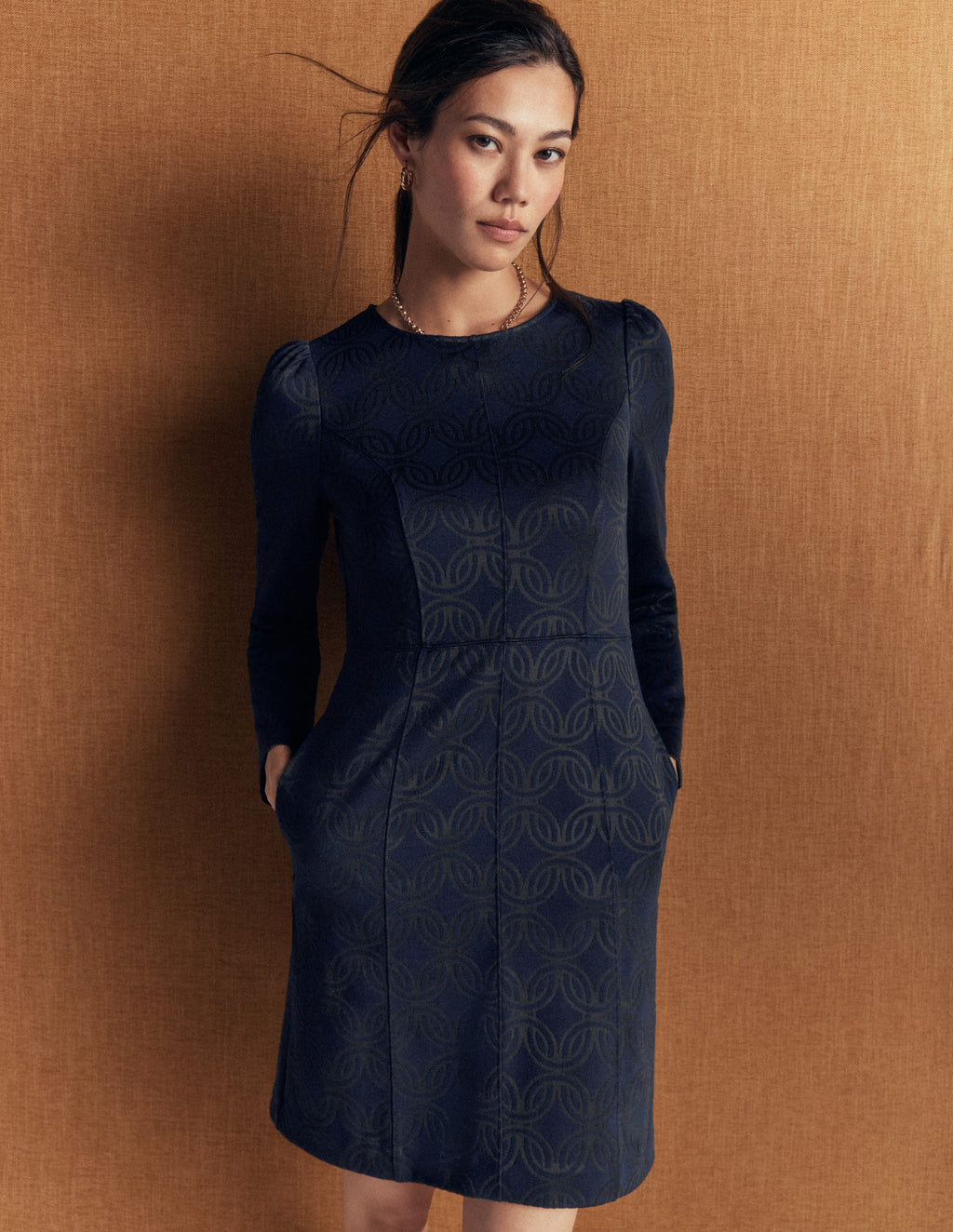 Marla Seamed Ottoman Dress-Navy and Forest Glade Jacquard
