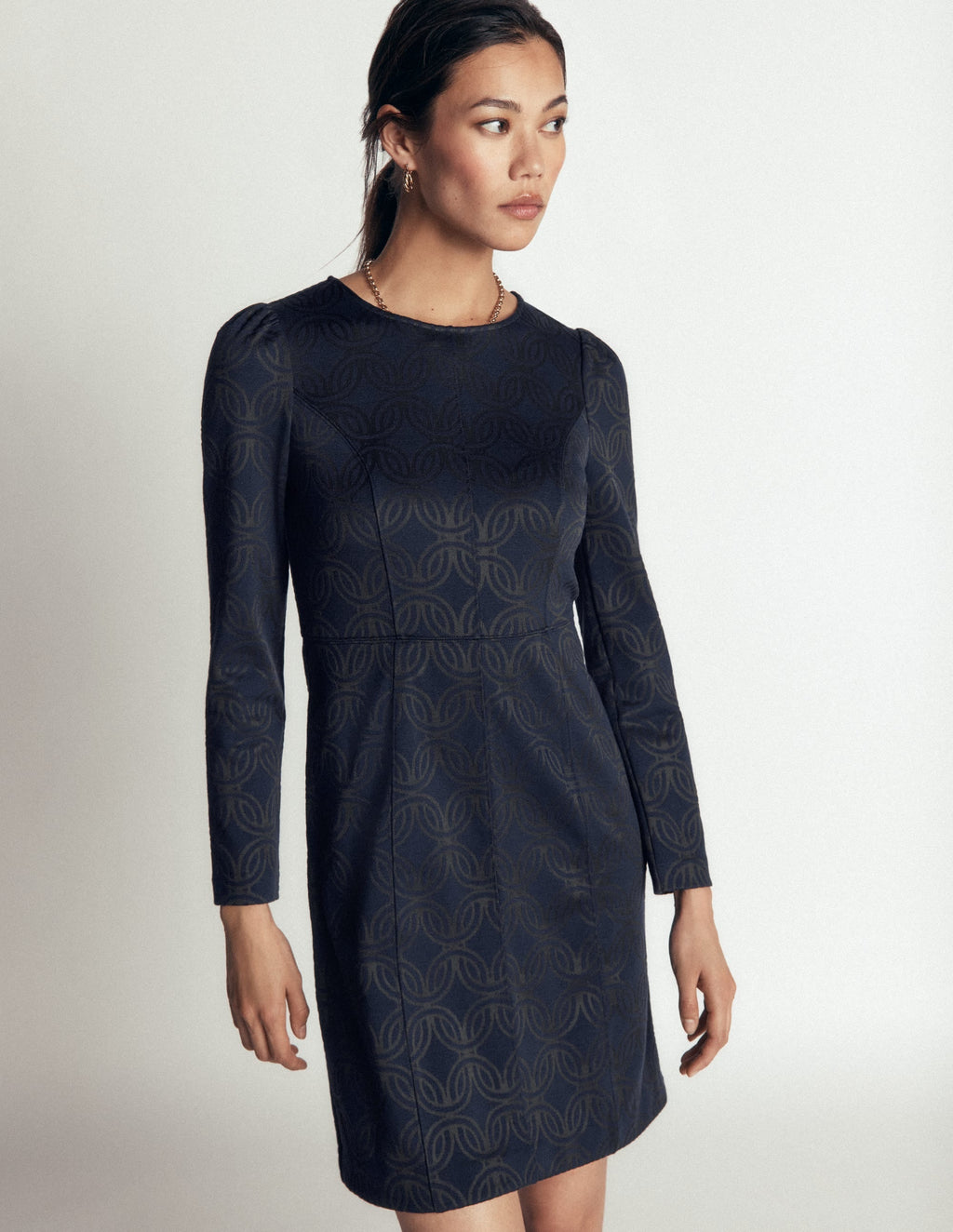 Marla Seamed Ottoman Dress-Navy and Forest Glade Jacquard