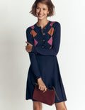 Crew Neck Jacquard Dress-Navy Jacquard