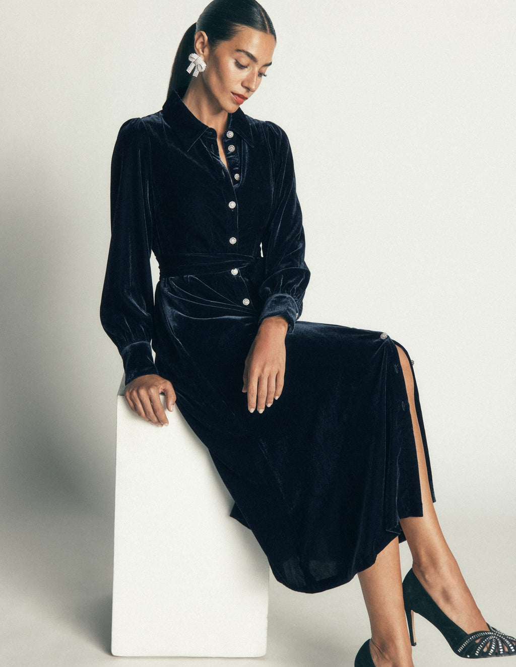 Maeve Velvet Shirt Dress-Teal Ocean