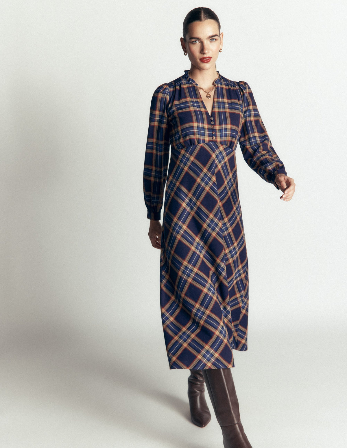 Cassie Checked Tea Dress-Navy and Camel Check