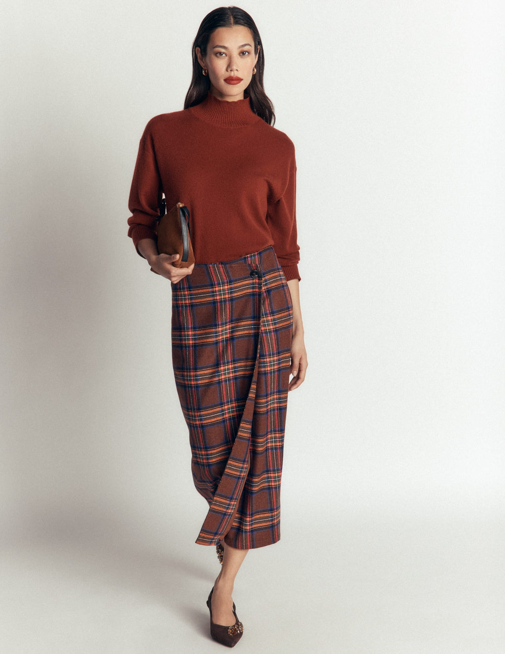 Column Wrap Skirt-Brown, Blue and Orange Check