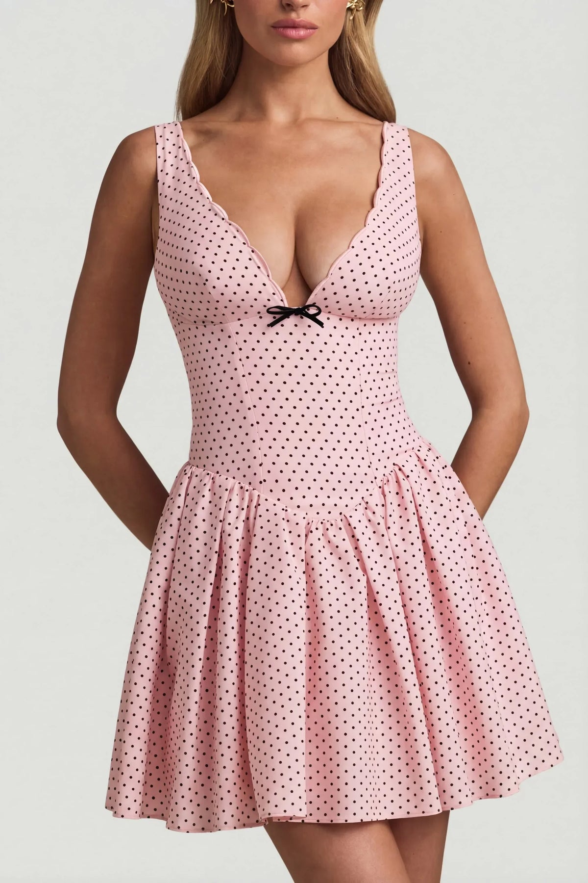Bow-Detail A-Line Mini Dress in Pink Polka Dot
