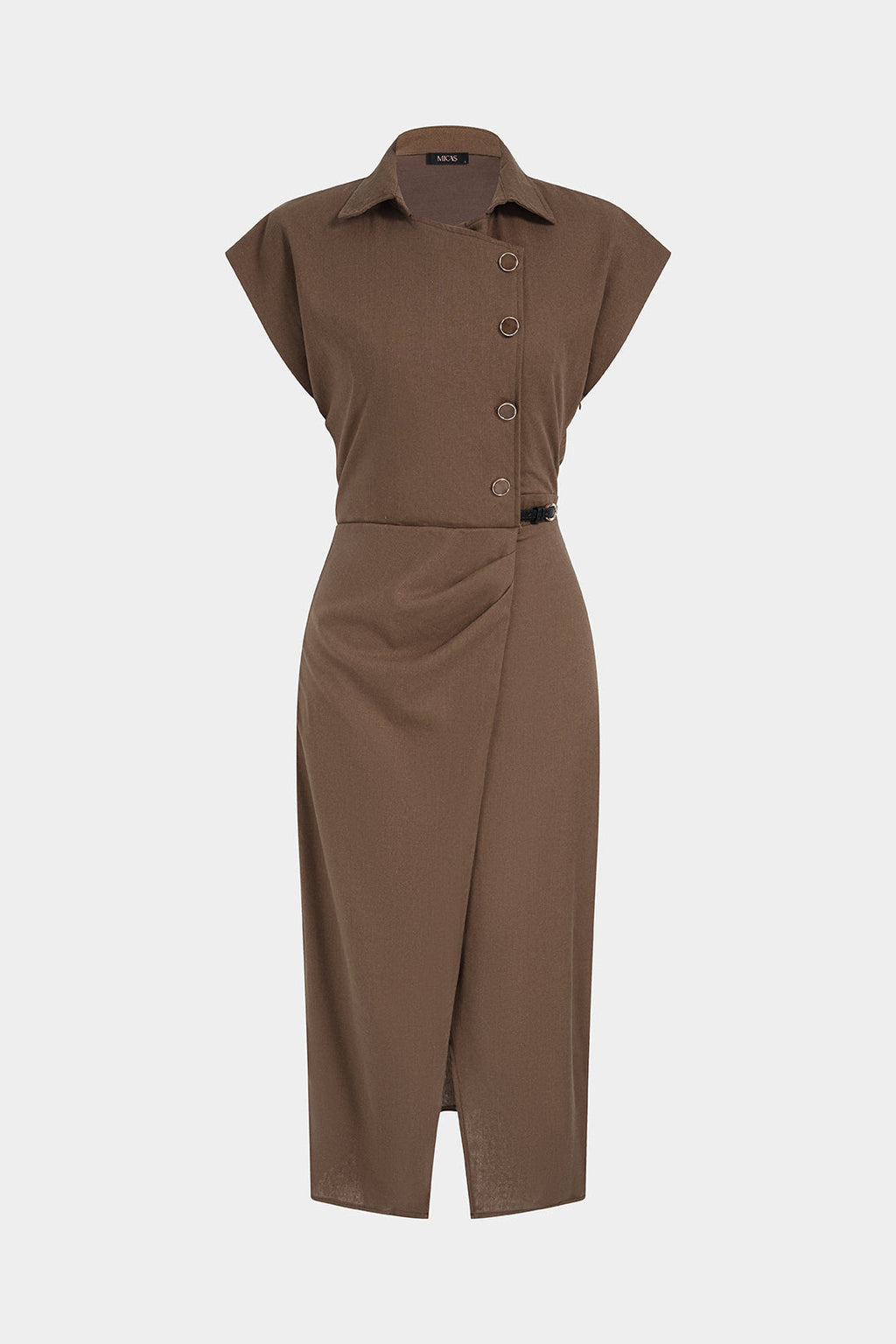 Asymmetrical Button Belted Slit Short Sleeve Midi Dress
