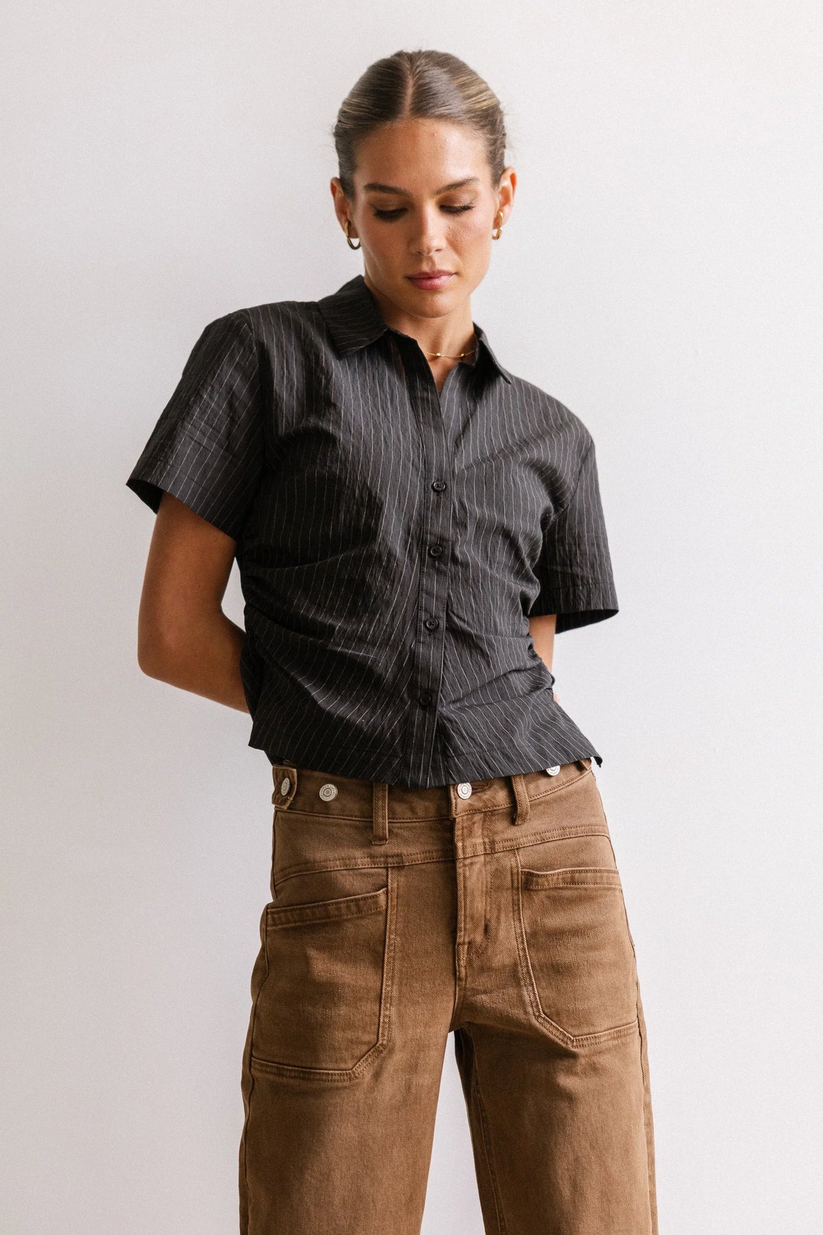 Brandy Ruched Button Up in Black