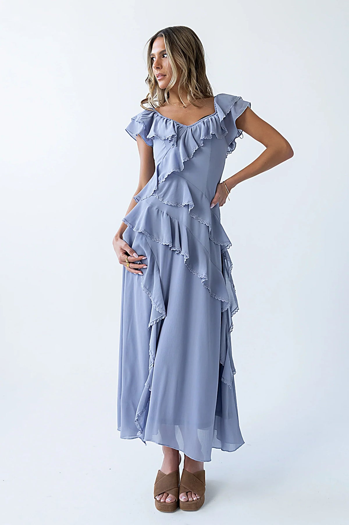Quinton Ruffle Maxi Dress in Blue