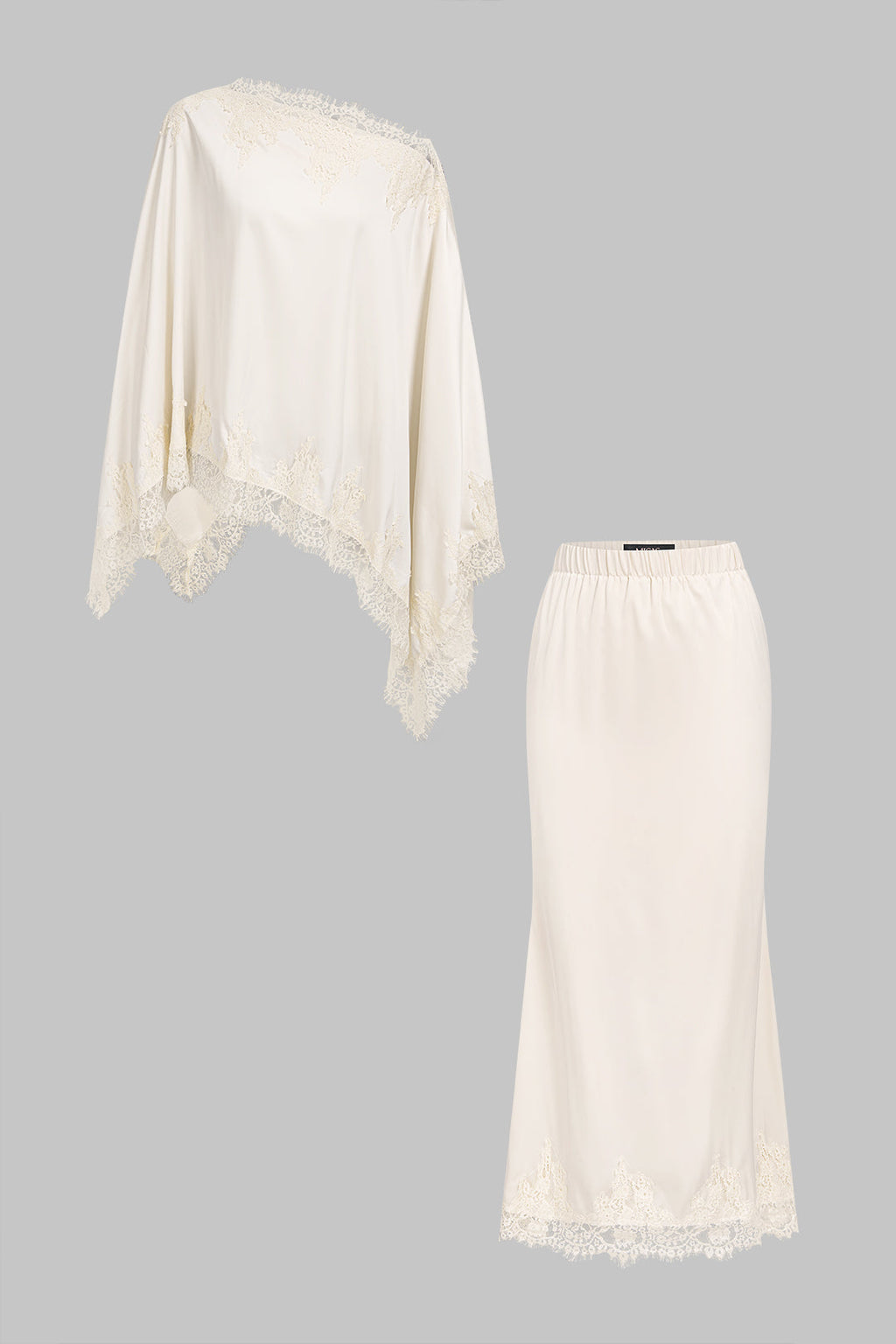 Lace Trim Patchwork Shawl And Shirred Waistband Skirt Set