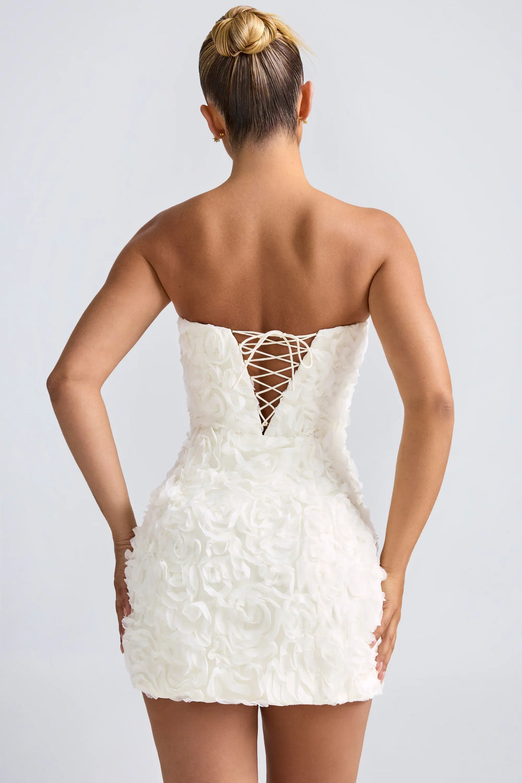 Floral-Appliqu¨¦ Bandeau A-Line Mini Dress in White
