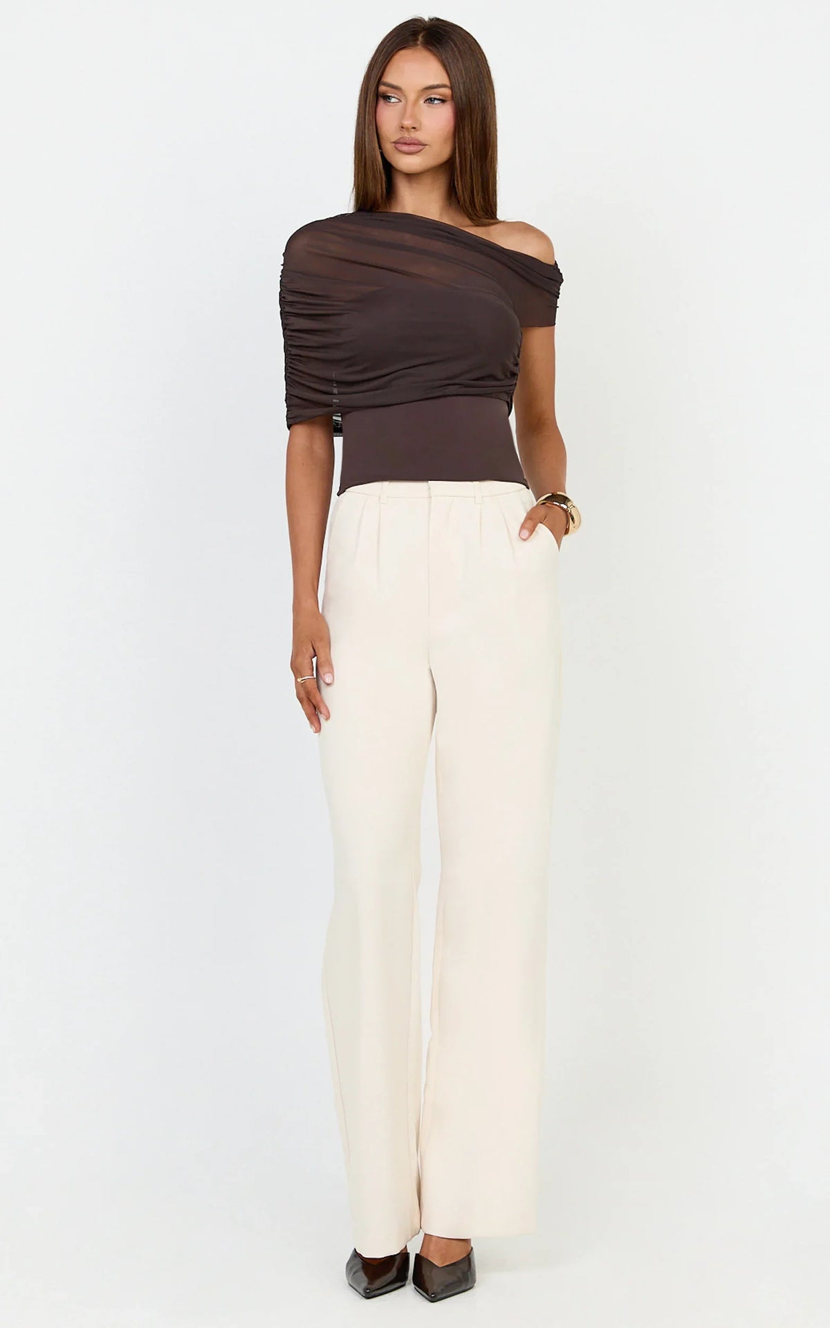 Sophia Top - Draped One Shoulder Mesh Overlay Top in Chocolate