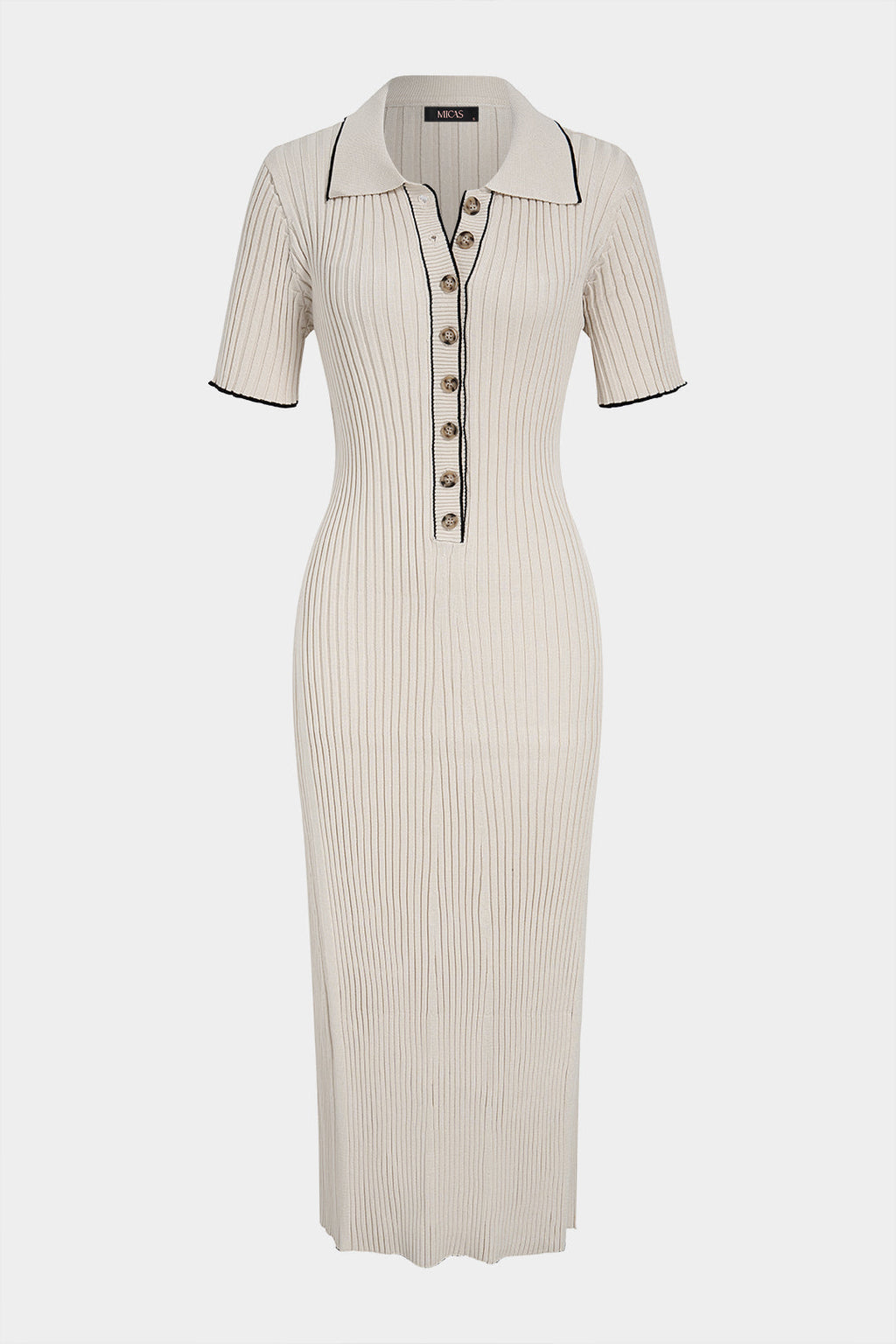 Knit Conrast Trim Button Ribbed Short Sleeve Maxi Dress