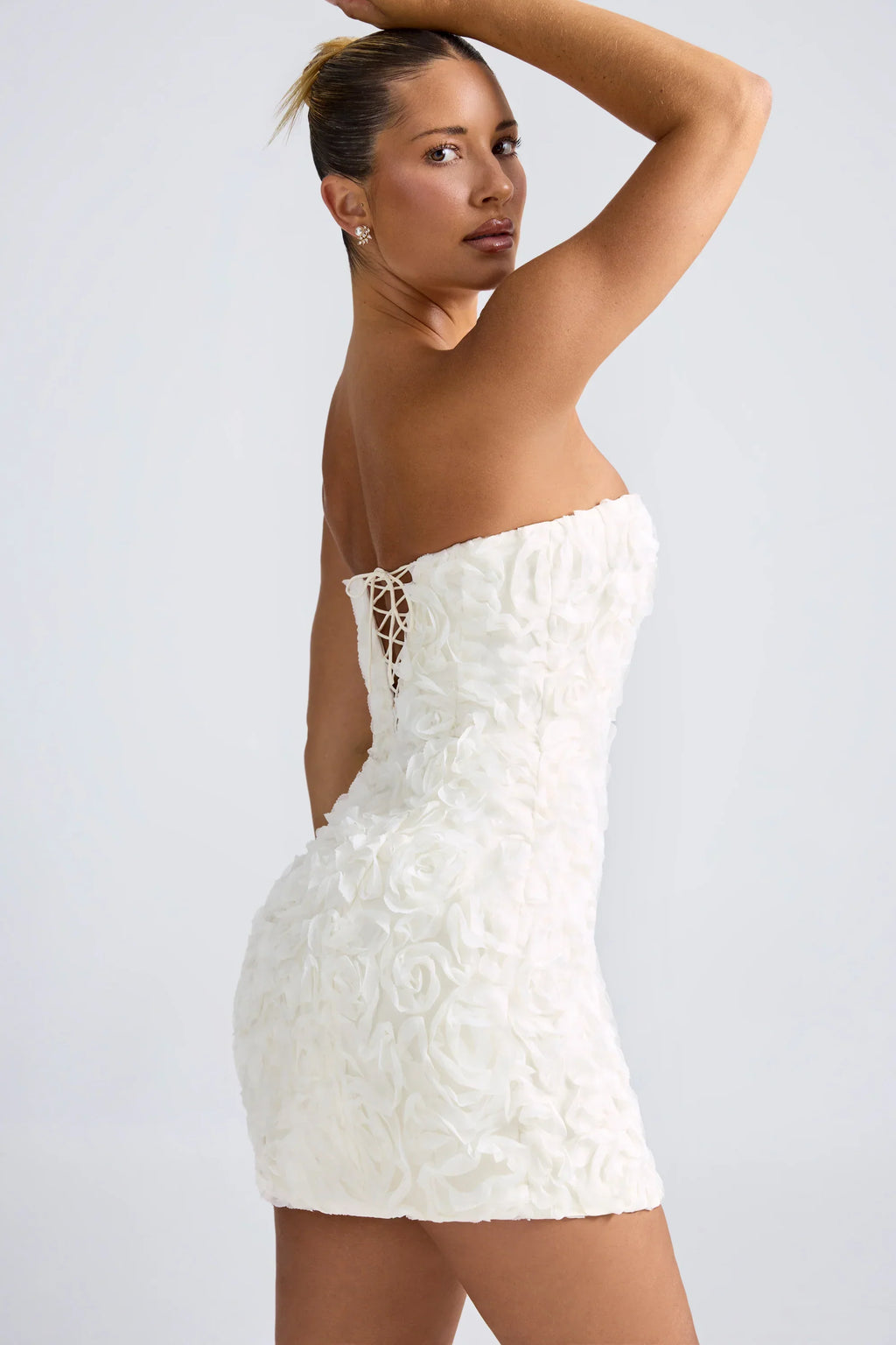Floral-Appliqu¨¦ Bandeau A-Line Mini Dress in White