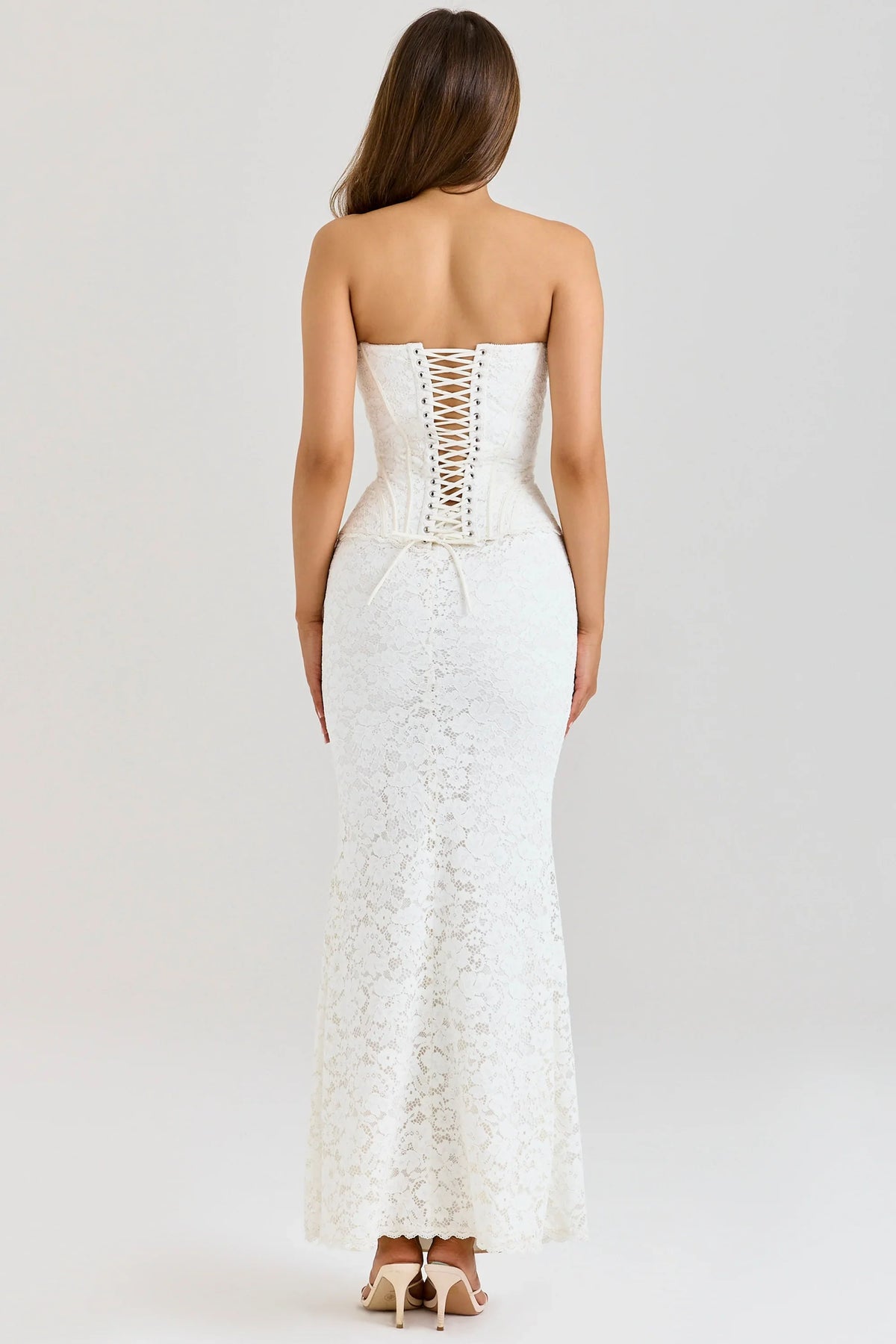 ivory lace corset maxi dress