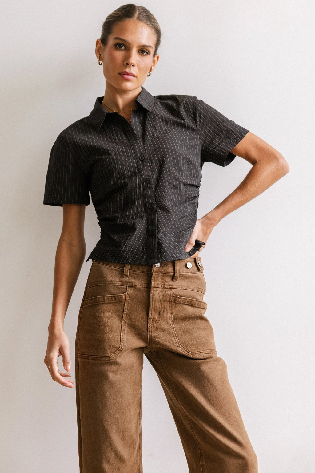 Brandy Ruched Button Up in Black