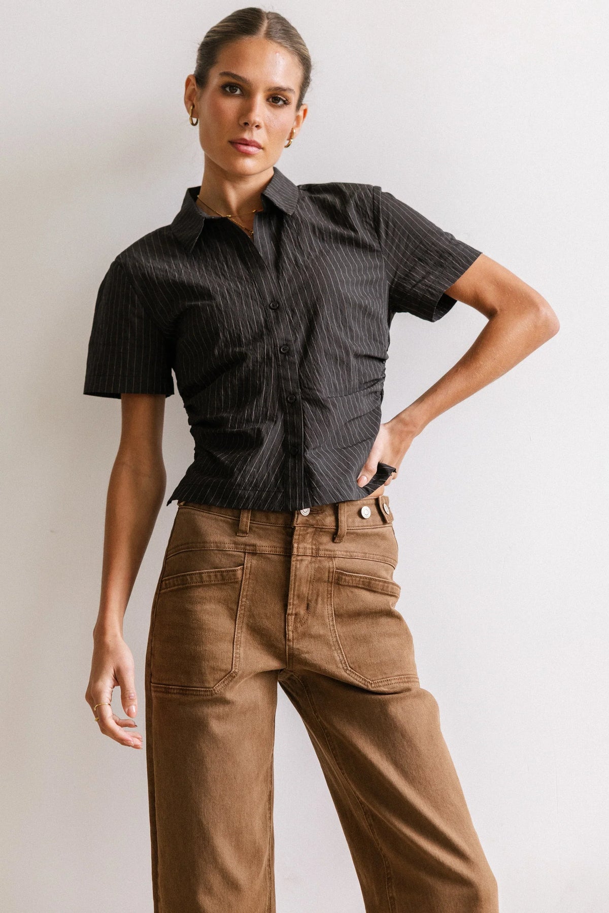 Brandy Ruched Button Up in Black