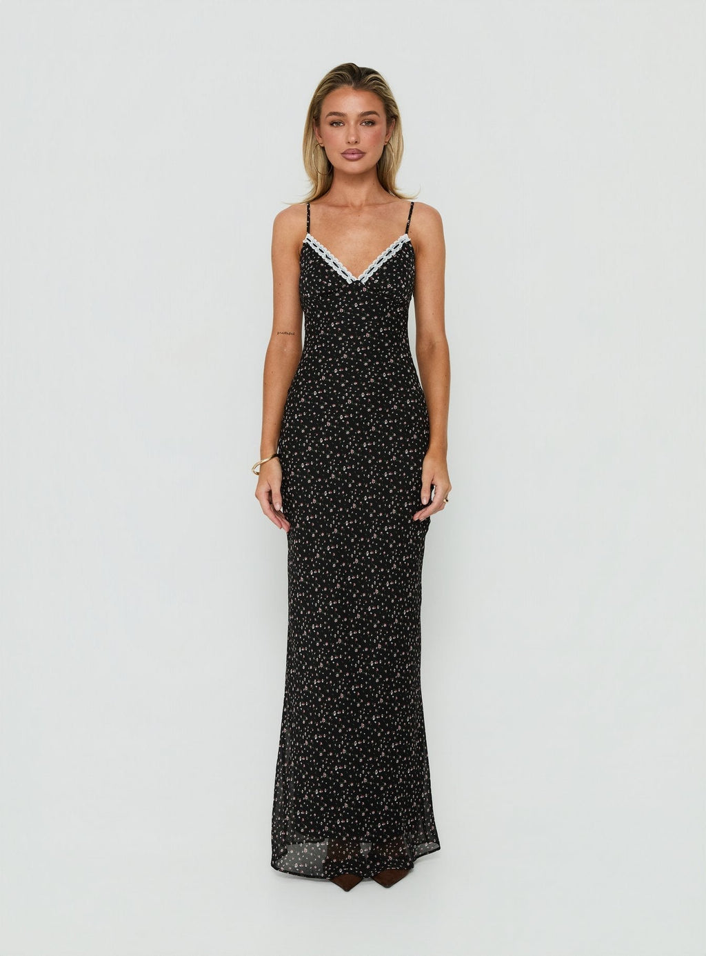 Alasia Lace Trim V Neck Maxi Dress Black Floral