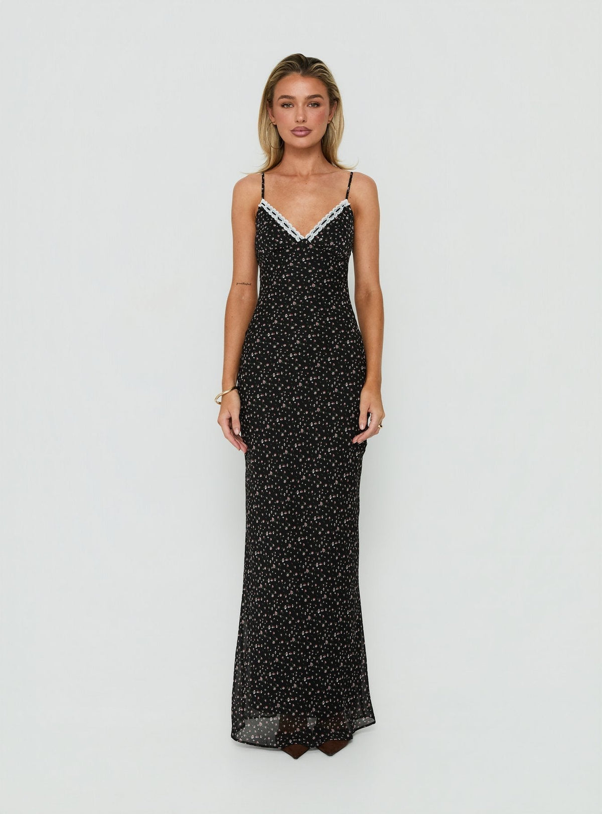 Alasia Lace Trim V Neck Maxi Dress Black Floral
