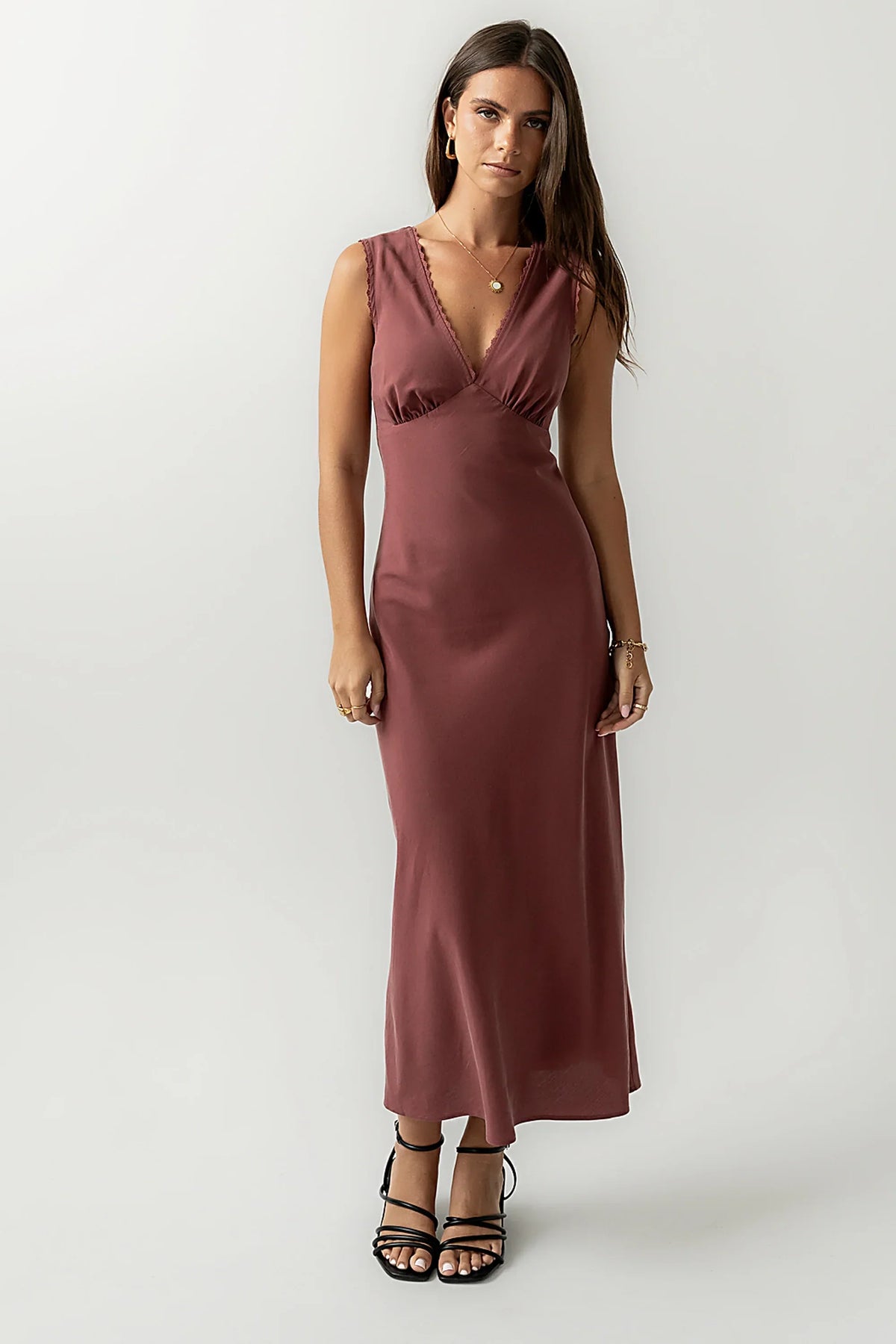 Hailey Lace Trim Maxi Dress in Marsala