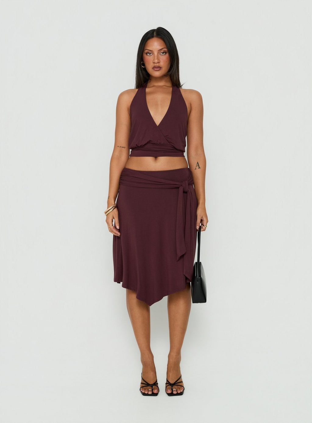 Soft Focus Tie Waist Midi Skirt Plum Noir