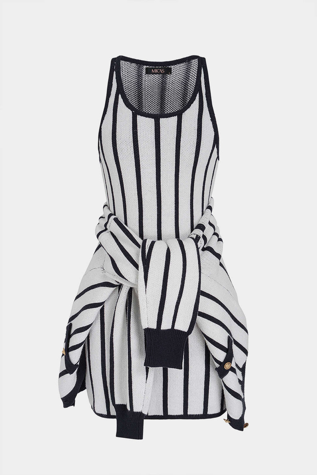Knit Stripes Print V-Neck Long Sleeve Cardigan And Round Neck Sleeveless Mini Dress Set