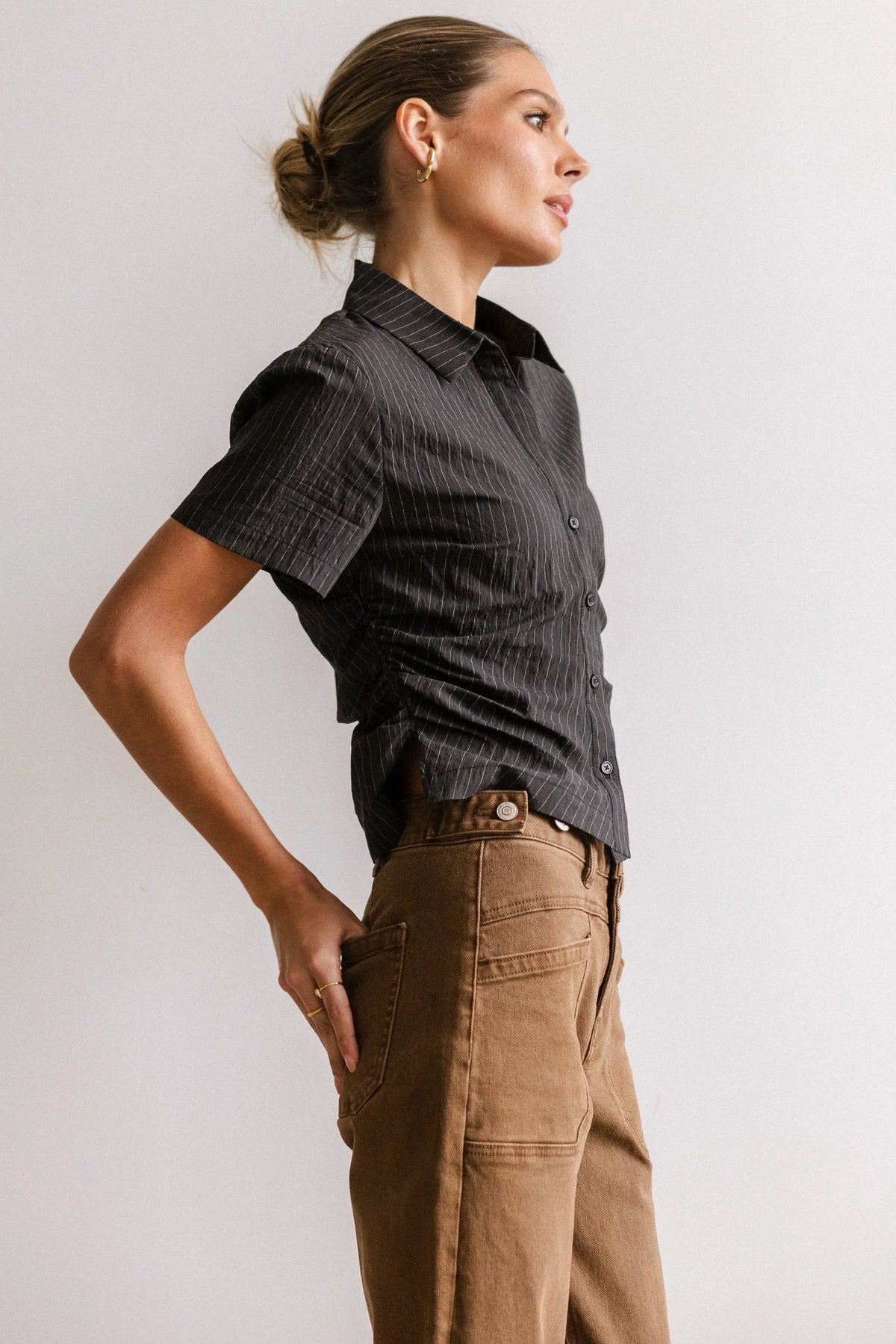 Brandy Ruched Button Up in Black